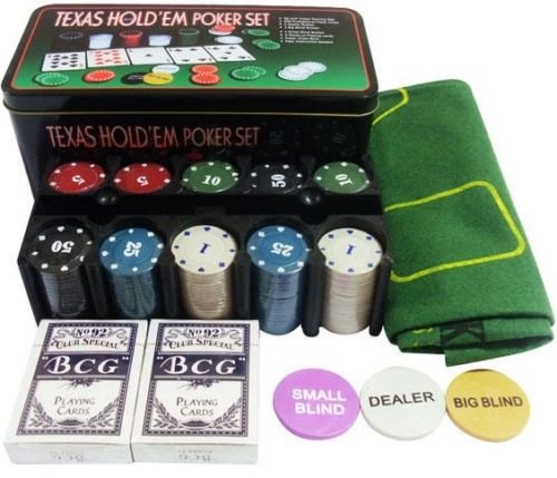 TEXAS HOLD*EM Juego de Poker 200 fichas con Caja + 2 Juego de Barajas + Ficha Dealer + Tapete