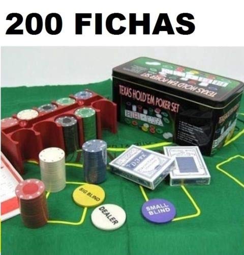 TEXAS HOLD*EM Juego de Poker 200 fichas con Caja + 2 Juego de Barajas + Ficha Dealer + Tapete