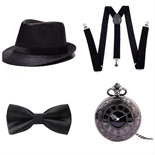 thematys Sombrero mafioso Al Capone + Pajarita + Tirantes + Reloj de Bolsillo - Disfraz de los años 20 para Dama y Caballero Carnaval (3)