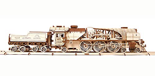 UGEARS V-Express Tren de Vapor - Set de Construcción Puzzle 3D Locomotora Modelo Mecánico de Madera