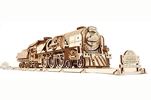 UGEARS V-Express Tren de Vapor - Set de Construcción Puzzle 3D Locomotora Modelo Mecánico de Madera