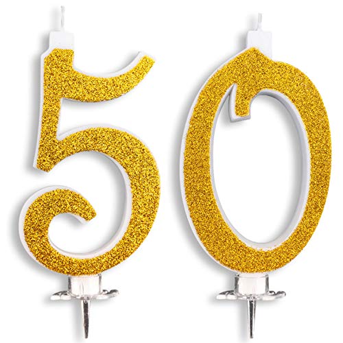 Velas Maxi de 50 años para Tarta, Fiesta, cumpleaños, Boda, 50 años, decoración, Velas de cumpleaños, Tarta 50, Fiesta temática, Altura 13 cm, Oro Brillante