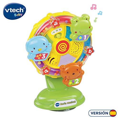 VTech- Noria Musical Sonajero Interactivo Que Incluye una Ventosa para pegarlo en una superfície Lisa y Plana o adherirlo a la Trona, enseña Vocabulario, Animales y Colores (3480-165922)
