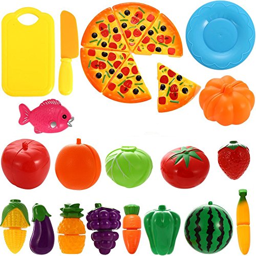YW-WINN - Juego de 24 piezas de plástico con forma de frutas, verduras y pizza para cortar, juego educativo de simulación para niños