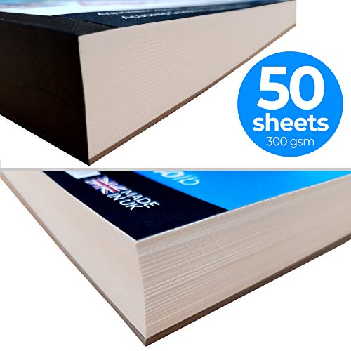 Zieler - Bloc de papel de acuarela con textura de grano fino 50 hojas, 300 g / m², 140 libras, horizontal. Ideal para remojar y enmascarar. Hecho en el Reino Unido - Incluye hoja de guía de inicio
