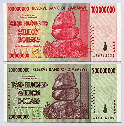 Zimbabwe 100, 200 millones de dólar moneda, 2008 billetes facturas mundo inflación Record