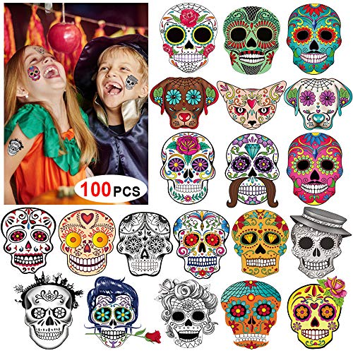 100x halloween Tatuajes Temporales Para Niños Niñas, halloween mascarada Día de los Muertos esqueleto cráneo tatuajes adhesivos para adultos niños infantiles Fiesta de Halloween regalo Bolsas Relleno
