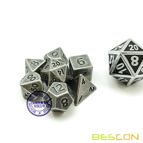 Bescon 10MM Mini Solid Metal Dice Set Old Nickle, Ancient Mini Metallic Polyhedral D&D RPG Miniature Dice 7-sets