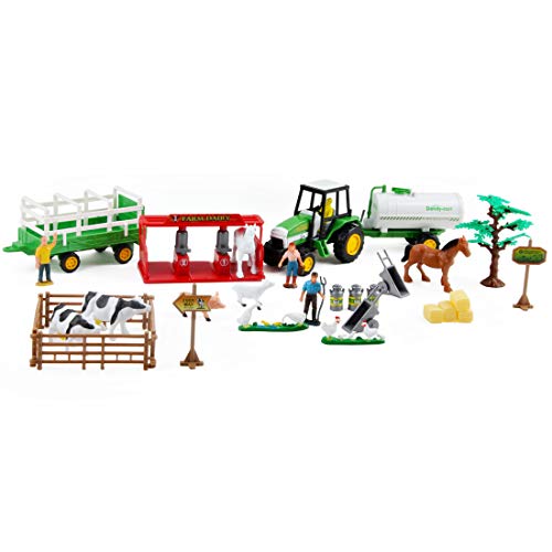 deAO Juego de Granja con Vehículos a Fricción Conjunto 2en1 Incluye Tractor, Figura de Granjero, Animales y Accesorios de Rancho