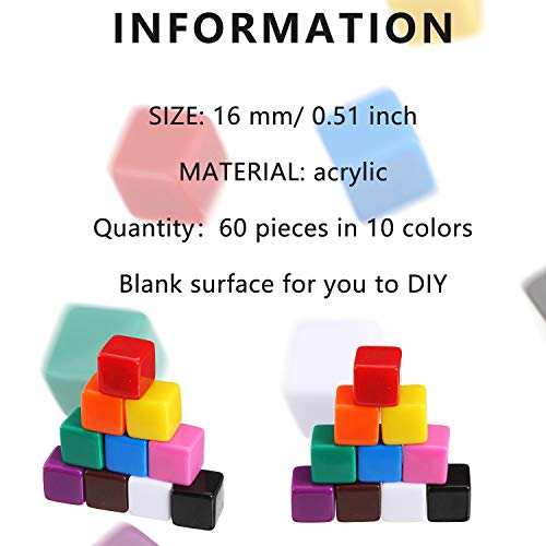 Gejoy 60 Piezas 16 mm Cubos Dados en Blanco de Acrílico Dados de Bricolaje de Colores Surtidos para Juegos de Mesa con Bolsa de Almacenamiento