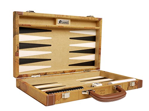 Juego de backgammon de lujo con diseño de mapa (tablero marrón de 38 cm)