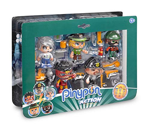 Pinypon Action- Pack de 5 Figuras, Policía, Superhéroe, Científico, Ladrón y Aventurero, Multicolor (Famosa 700014490)