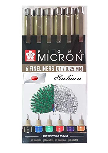 Sakura Pigma Micron Portamina 05- Conjunto De 6 Colores ,Negro, Marrón, Rojo, Verde, Púrpura, Azul