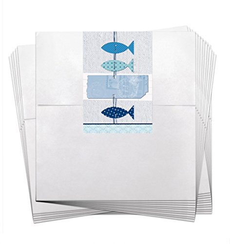 25 bolsas pequeñas blancas de papel para regalo de cumpleaños, 13 x 18 + 2 cm de solapa + con pegatinas de tres peces azules y blancos, para bautizo, comunión, confirmación, boda, cumpleaños