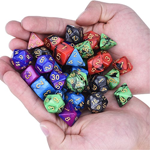 35 Piezas de Dados Poliédricos Dados de Juego de Colores Dobles para RPG Dungeons y Dragons Pathfinder con 5 Bolsas Negras, 5 Sets de d20, d12, 2 d10 (00-90 y 0-9), d8, d6 y d4