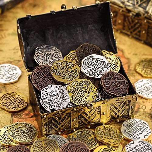 35 Piezas Monedas Piratas de Metal Doblón Español Réplicas Juguetes Moneda del Tesoro Pirata para Decoración de Favores de Fiesta, Bronce, Bronce Antiguo Rojo, Oro Antiguo y Plata Antigua