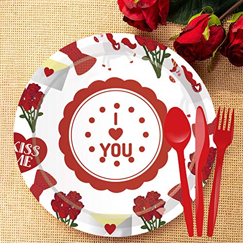 93 Piezas Juego de Cubiertos Desechables- Sirve para 8 invitados Incluye de platos, vasos, servilletas y pajitas, se utiliza de San Valentín Fecha de Propuesta Aniversario de Boda
