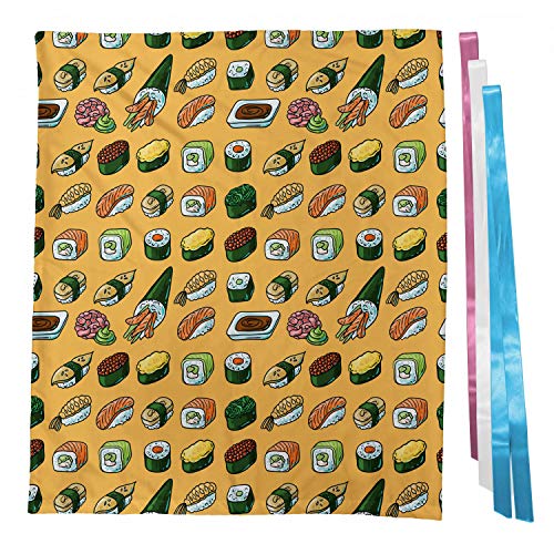 ABAKUHAUS wasabi Bolsa de Regalo para Baby Shower, Doodle de Sushi, Tela Estampada con 3 Moños Reutilizable, 70 cm x 80 cm, Anaranjado pálido multicolor