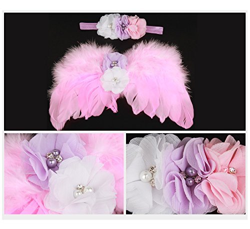 Alas de ángel de plumas de bebé con diadema, traje de prop de foto recién nacido - rosa