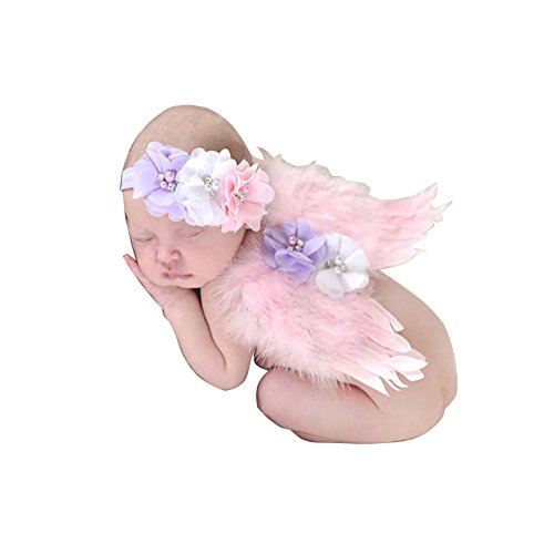 Alas de ángel de plumas de bebé con diadema, traje de prop de foto recién nacido - rosa
