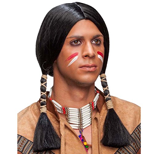 Amakando Postizo Carnaval Apache Peluca de Indio Negro Cabellera Hombre Indio Accesorio Disfraz India Pelo postizo Jefe de Tribu Cabello Hombre con Trenzas
