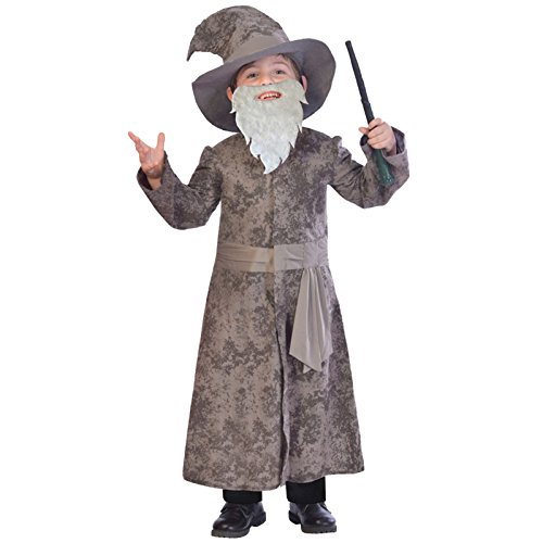 amscan 9903232 Disfraz gris con barba, sombrero de mago y varita de 7 a 8 años-1 PC