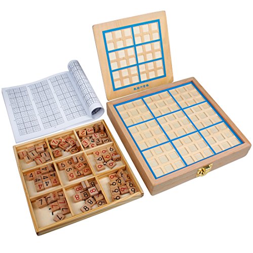 Andux Zone Sudoku Tablero Caja 3-en-1 De Madera Número de Lugar Juguete SD-03 (Azul)