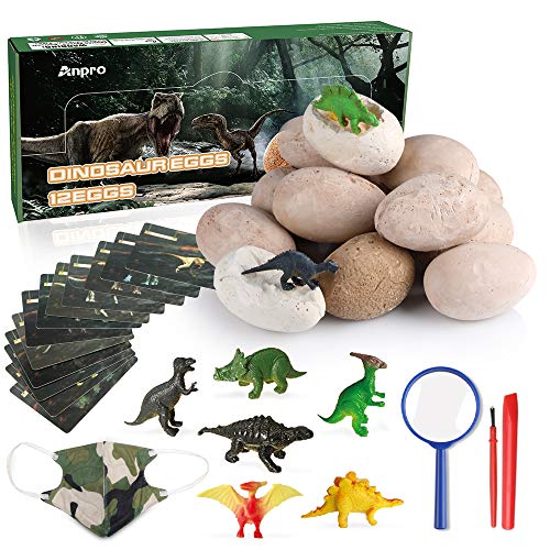 Anpro 12 Huevos de Dinosaurio,Kit de Excavación,Incluye 12 Figuras de Dinosaurios de Juguete, Regalo Infantil para Aprender Ciencias de la Arqueología