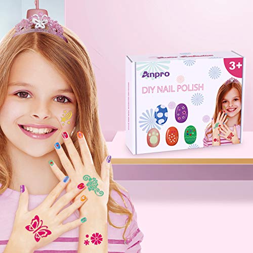 Anpro juego de esmaltes de uñas DIY, pegatinas de tatuajes temporales a juego, regalo creativo para niñas, kit de salón de uñas para niñas