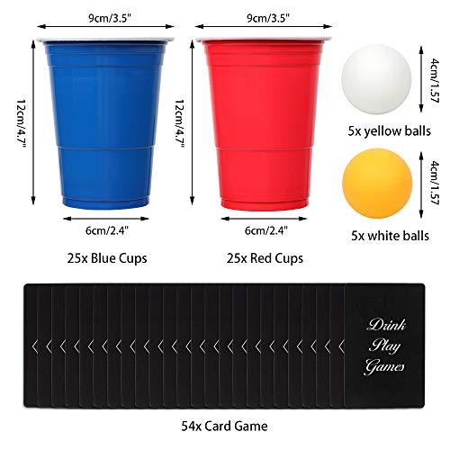 AOLUXLM Tazas de plástico, 50 Tazas de Cerveza Pong Tazas de Fiesta con 10 Bolas de Cerveza Pong + 1 Juego de Tarjetas de Juego, 16 oz Vasos Desechables para Juegos de Fiesta Juego de Beber