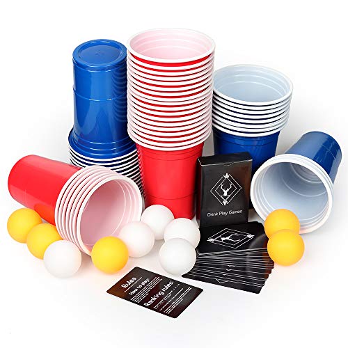 AOLUXLM Tazas de plástico, 50 Tazas de Cerveza Pong Tazas de Fiesta con 10 Bolas de Cerveza Pong + 1 Juego de Tarjetas de Juego, 16 oz Vasos Desechables para Juegos de Fiesta Juego de Beber