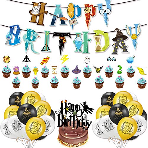 BAIBEI 39Pcs Artículos de Fiesta para Harry Potter, Suministros para la Fiesta de Harry Potter, Estandarte de cumpleaños, Harry Potter Inspired Cupcake Toppers, Globo de látex