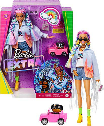 Barbie Extra Muñeca articulada con trenzas de colores, accesorios de moda y mascota (Mattel GRN29)