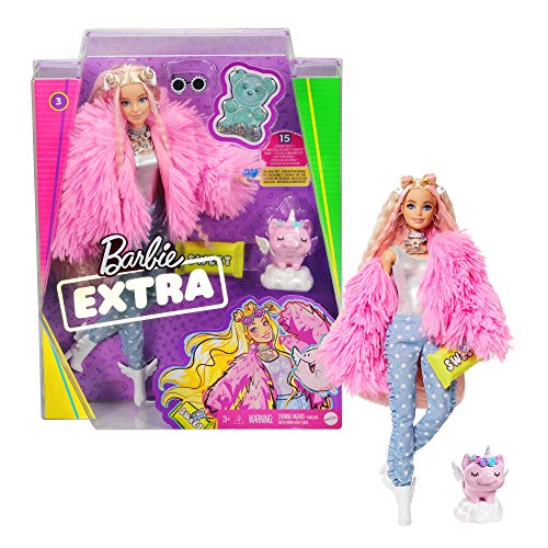 Barbie- Muñeca Extra 3 con un Mullido Abrigo de Peluche Rosa, una Mascota Mezcla de Unicornio y Cerdito (Mattel GRN28)
