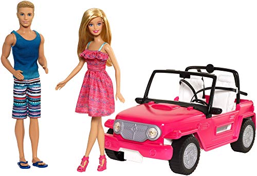 Barbie - Muñeco Ken y muñeca Barbie con su coche de playa, coche muñeca (Mattel CJD12)
