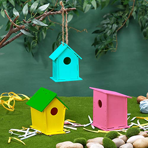 BBTO 3 Juegos Kit de DIY Casas de Pájaros de Madera Pajareras de Madera sin Acabado para Pintar Casas de Pájaros Colgantes Incluye 12 Colores de Pinturas y 3 Pinceles para Niños y Niñas