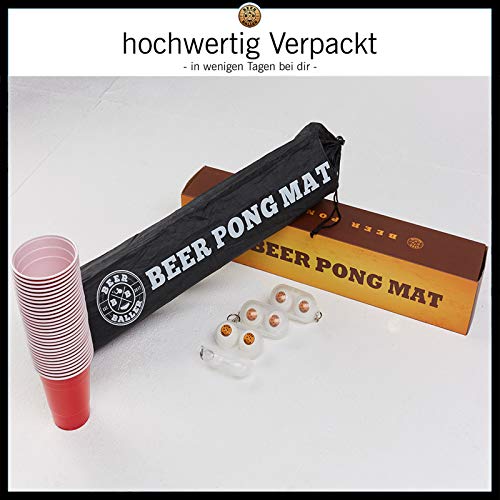 BeerBaller® Beer Pong Mat | Mantel para Juego de Beer Pong | 50 Vasos Rojos + 4 Pelotas de Ping Pong + práctica Bolsa de Transporte