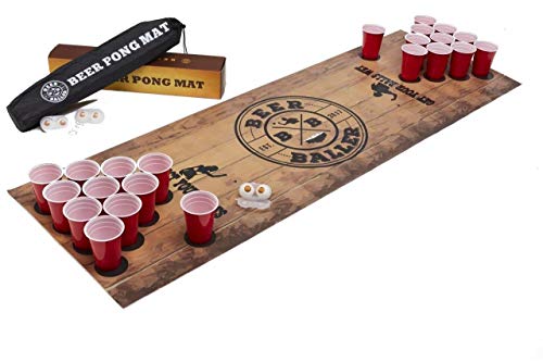 BeerBaller® Beer Pong Mat | Mantel para Juego de Beer Pong | 50 Vasos Rojos + 4 Pelotas de Ping Pong + práctica Bolsa de Transporte