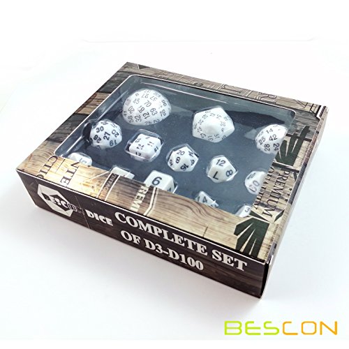 Bescon Complete Polyhedral Dice Set 13pcs D3-D100, 100 Sides Dice Set Opaque White