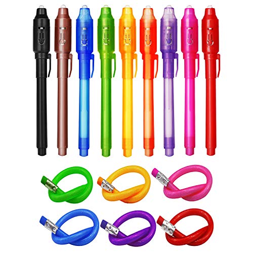 Bolígrafo de Tinta Invisible lápiz espía con rotulador mágico de luz UV para Mensajes Secretos y Fiestas para Cumpleaños Infantiles Festival de Música Fiesta (9 Bolígrafos)
