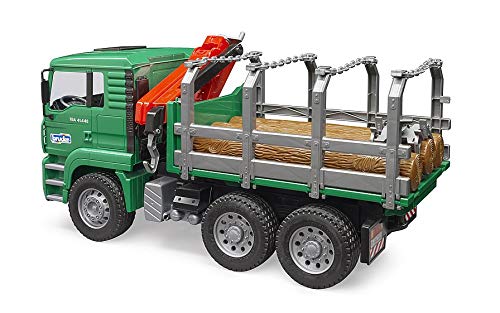 bruder 2769 Man - Camión Miniatura de Transporte de Madera con grúa y 3 Troncos de árbol