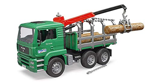 bruder 2769 Man - Camión Miniatura de Transporte de Madera con grúa y 3 Troncos de árbol