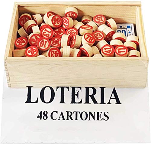 Caja con Lotería de Madera y 48 Cartones y 90 fichas de 2 Caras.