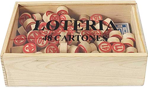 Caja con Lotería de Madera y 48 Cartones y 90 fichas de 2 Caras.