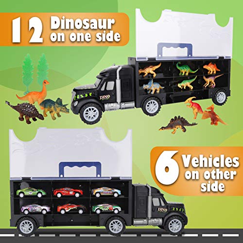 Camión Transportador de Dinosaurios incluir Huevos de Dinosaurio Juguetes Mini Coche de Carreras, Tapete de Juego, Las señales de Tráfico para Niños y Niñas