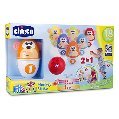 Chicco Monkey Strike Juego de Bolos para Niños con 6 Bolos Desmontables y Apilables en 12 Piezas con una Bola Ligera Incluida - Juguete de Bolos de Infantiles, Regalo para Niños de 18 Meses+