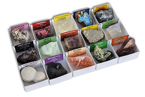 Colección de 15 Minerales de Europa en Caja de Madera Natural - Minerales Reales educativos con Etiqueta informativa a Color. Kit de Ciencia de Geología para niños.