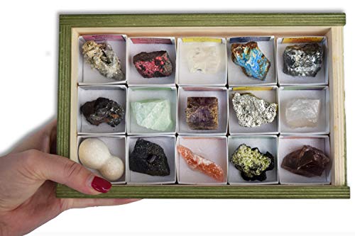 Colección de 15 Minerales de Europa en Caja de Madera Natural - Minerales Reales educativos con Etiqueta informativa a Color. Kit de Ciencia de Geología para niños.