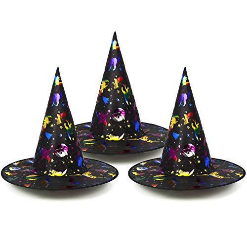 com-four® 3X Sombrero de Bruja para Disfraz de Bruja - Sombrero de Mago Ideal para Carnaval, Halloween - 33 x 38 cm (03 Piezas - Sombrero de Bruja de Colores)