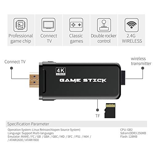 Consola de Juegos inalámbrica USB, Consola de Videojuegos 4K HDMI Mini Game Stick, Mini Controlador Retro de 8 bits Salida HDMI Reproductor Dual Integrado 10000 Juegos clásicos